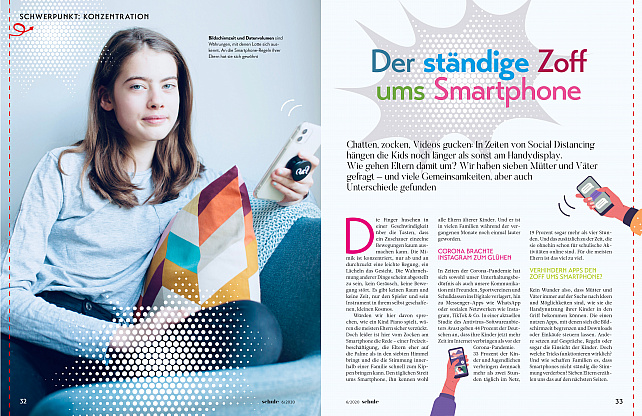  >Der ständige Streit ums Smartphone<, erschienen im Magazin Schule 06/21 (entstanden im Rahmen meiner Festanstellung als Artdirektorin im Junior Medien Verlag) 